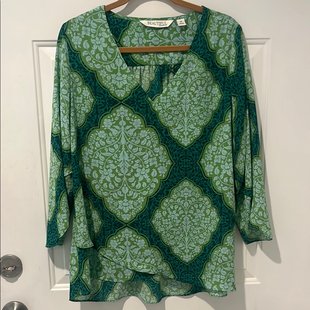 Beautiful by Lawrence Zarian Green Relaxed 3/4 Sleeve Blouse